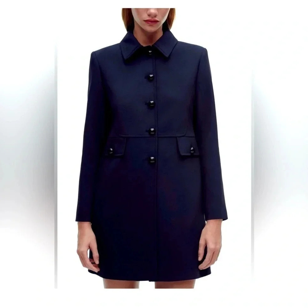 Zara Navy Blue Luxury Lapel Collar Long Sleeves Short Pocket Coat Medium NWT - Picture 1 of 9